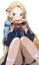  alternate_eye_color black_eyeliner blonde_hair blue_dress blue_eyes blue_robe blush bow braid capelet dress dungeon_meshi eating elf eyelashes eyeliner feet_out_of_frame female food green_eyes hair_behind_ear hairbow halfling highres holding holding_food holding_pizza hood knees_together_feet_apart knees_up legs long_hair long_sleeves looking_at_viewer makeup marcille_donato margherita_pizza pizza pointy_ears ribbon robe single_braid sitting solo surprised thighs ushiwaka 