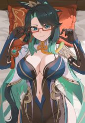  absurdres aqua_eyes aqua_hair bed blue_hair breasts capelet cleavage cloud_retainer_(genshin_impact) commentary cowboy_shot female genshin_impact glasses hands_up highres large_breasts looking_at_viewer lying navel nvl on_back pillow plunging_neckline red-framed_eyewear smile solo white_capelet xianyun_(genshin_impact) 