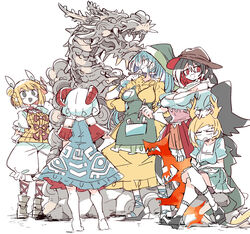  5girls annoyed antlers apron bare_shoulders barefoot black_hair black_wings blonde_hair blue_dress blue_hair boots cowboy_hat crossed_legs detached_sleeves double_bun dragon dragon_horns dress eastern_dragon facing_another facing_away facing_to_the_side green_headwear grey_eyes hair_bun hair_ribbon haniyasushin_keiki hat head_scarf headpat highres holding horns joutouguu_mayumi kicchou_yachie kurokoma_saki long_hair massakasama multiple_girls off_shoulder open_mouth patterned_clothing pocket pointy_ears red_eyes red_sleeves ribbon sculpture short_hair short_sleeves simple_background sitting skirt smile standing strap_slip touhou toutetsu_yuuma white_background white_hair wings wood_carving_tool yellow_dress 