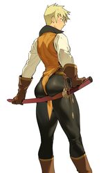  1boy ass ass_lift back black_pants blonde_hair blue_eyes boots brown_gloves closed_mouth gloves guy_cecil highres holding holding_sheath male_focus oekakixx orange_vest pants sheath shirt short_hair simple_background solo tales_of_(series) tales_of_the_abyss vest white_background white_shirt 