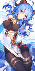  ahoge arm_up bare_shoulders bell black_pantyhose blue_hair bow breasts chinese_knot detached_sleeves english_commentary female flower_knot ganyu_(genshin_impact) genshin_impact gold_trim highres long_hair looking_at_viewer medium_breasts neck_bell pantyhose purple_eyes sidelocks solo tassel thigh_gap thighlet thighs vision_(genshin_impact) white_sleeves yukleeeee 