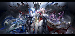  4girls absurdly_long_hair absurdres black_bodysuit blonde_hair blue_hair bodysuit breasts clothing_cutout covered_navel covered_nipples cowboy_shot crosscore curtana_(crosscore) durandal_(crosscore) gloves grey_hair headgear highres holding holding_sword holding_weapon huge_breasts huge_weapon impossible_bodysuit impossible_clothes joyeuse_(crosscore) large_breasts long_hair multiple_girls navel_cutout noctilucent_(crosscore) official_art purple_eyes purple_hair red_eyes science_fiction sword thigh_strap translation_request very_long_hair weapon white_bodysuit white_gloves yellow_eyes zer_z2 