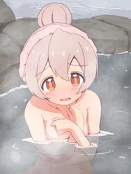  blush brown_eyes collarbone commentary completely_nude covering_breasts covering_privates crossed_arms female hair_between_eyes hair_bun hands_on_own_chest highres looking_at_viewer nude onii-chan_wa_oshimai! onsen open_mouth oyama_mahiro partially_submerged pink_hair rock single_hair_bun solo towel towel_on_head unkimo water 