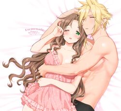  1boy aerith_gainsborough artist_name bed_sheet black_male_underwear blonde_hair blush breasts brown_hair cleavage closed_eyes cloud_strife couple dated earrings female final_fantasy final_fantasy_vii final_fantasy_vii_remake frilled_negligee green_eyes hair_between_eyes jewelry krudears long_hair male_underwear medium_breasts negligee on_bed one_eye_closed parted_bangs parted_lips pink_negligee rubbing_eyes saliva short_hair sidelocks single_earring sleeping spiked_hair straight sweatdrop topless_male twitter_username underwear wavy_hair 