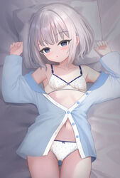  arms_up ass_visible_through_thighs bed_sheet blue_shirt bob_cut bow bow_bra bow_panties bra breasts commentary crotch_seam female from_above grey_eyes grey_hair half-closed_eyes highres lace-trimmed_bra lace-trimmed_panties lace_trim long_sleeves looking_at_viewer lying navel no_pants on_back on_bed open_clothes original pajamas panties parted_lips partially_unbuttoned pillow print_bra print_panties shirt shooko small_breasts solo thigh_gap underwear white_panties 