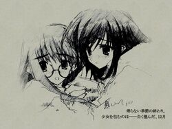  2girls artist_request blush glasses greyscale holding_another&#039;s_wrist kurihara_touko long_hair monochrome multiple_girls open_mouth sakaki_shinobu sleeves_past_wrists tenshi_no_inai_12-gatsu translation_request very_long_hair 