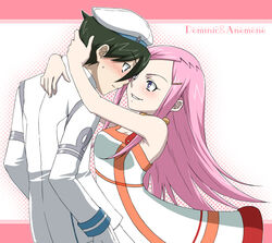  1boy anemone_(eureka_seven) beret black_hair character_name collar couple dominic_sorel eureka_seven eureka_seven_(series) eye_contact female hair_ornament hairclip hat hug kuroo_(project_apricot) long_hair long_sleeves looking_at_another military military_uniform photoshop_(medium) pink_hair purple_eyes straight uniform 