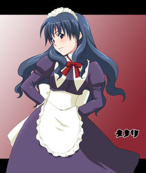  alternate_costume apron black_hair bow bowtie character_name dress enmaided female juliet_sleeves kuroo_(project_apricot) letterboxed long_hair long_sleeves maid maid_headdress menori mujin_wakusei_survive photoshop_(medium) puffy_sleeves purple_dress purple_eyes red_background smile solo 