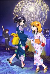  1boy 2girls aerial_fireworks andou_mahoro andou_minawa bridge feet fireworks floral_print full_body highres holding_hands igeta_(pattern) japanese_clothes kimono long_sleeves mahoromatic misato_suguru morning_glory_print multiple_girls night obi okobo river sandals sash shibata_yuka toes water_yoyo yukata zouri 