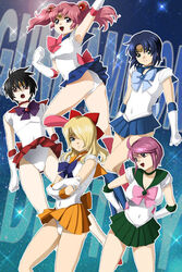  2girls 3boys ass athrun_zala bad_id bad_pixiv_id bishoujo_senshi_sailor_moon blue_choker blue_sailor_collar blue_skirt boots bow choker cosplay green_choker green_sailor_collar green_skirt gundam gundam_seed gundam_seed_destiny inner_senshi knee_boots lunamaria_hawke meyrin_hawke mizuhara_aki multiple_boys multiple_girls orange_choker orange_sailor_collar orange_skirt otoko_no_ko panties parody pink_bow red_bow red_choker red_sailor_collar red_skirt rey_za_burrel sailor_collar sailor_jupiter sailor_jupiter_(cosplay) sailor_mars sailor_mars_(cosplay) sailor_mercury sailor_mercury_(cosplay) sailor_moon sailor_moon_(cosplay) sailor_senshi sailor_senshi_uniform sailor_venus sailor_venus_(cosplay) shinn_asuka skirt twintails underwear white_panties 