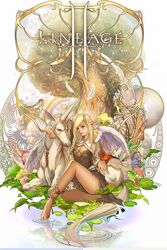  angel_wings art_nouveau elf elf_(lineage_2) fantasy feathered_wings feathers female flower juno_jeong lily_pad lineage lineage_2 pointy_ears rainbow sitting solo tree unicorn wings 