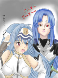  2girls artist_request blue_hair blush bodysuit fingerless_gloves forehead_protector gloves hair_intakes kos-mos long_hair looking_at_another mokkos multiple_girls open_mouth parody red_eyes scared sleeveless sweat translated very_long_hair white_bodysuit xenosaga zipper 