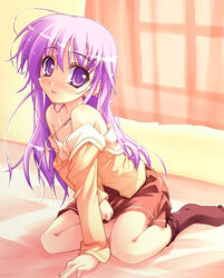  1boy :p ahoge arm_support blush curtains happiness! kneeling leaning_forward long_hair long_sleeves male_focus off_shoulder onsokuzekuu otoko_no_ko pantyhose photoshop_(medium) purple_eyes purple_hair school_uniform skirt socks solo tongue tongue_out undressing very_long_hair watarase_jun window 