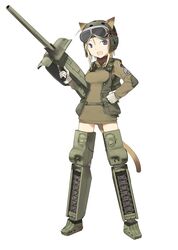  :d ahoge animal_ears armor aviator_cap backpack bag blonde_hair blue_eyes breasts brown_jacket cat_ears cat_tail caterpillar_tracks dress ears_through_headwear elbow_pads emblem female full_body gloves goggles goggles_on_head gun happy holding holding_gun holding_weapon jacket konami_mecha_musume load_bearing_vest long_sleeves looking_at_viewer m4a3_sherman_(konami_mecha_musume) mecha_musume medium_breasts military military_rank_insignia military_uniform official_art open_clothes open_mouth open_vest pouch shimada_fumikane short_dress short_hair simple_background smile solo standing tail thighhighs trigger_discipline turtleneck uniform vest weapon white_background white_gloves world_war_ii zettai_ryouiki 