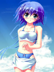  2000s_(style) ahoge aqua_eyes arm_behind_back bad_anatomy bare_shoulders bikini bikini_under_clothes blue_bikini blue_hair blue_ribbon blue_sky blush breasts cleavage clothes_pull cloud collarbone cowboy_shot day female hair_between_eyes legs_together medium_breasts miniskirt navel onsokuzekuu photoshop_(medium) ribbon short_hair skirt skirt_pull sky solo standing swimsuit to_heart_(series) to_heart_2 tonami_yuma white_skirt wind 