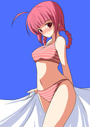  ahoge bad_link bare_arms bare_shoulders bikini blue_background blunt_bangs braid braided_hair_rings breasts cleavage closed_mouth dot_mouth female fingernails long_hair navel original pink_bikini pink_eyes pink_hair shijou_sadafumi simple_background solo striped_bikini striped_clothes swimsuit thighs white_stripes 