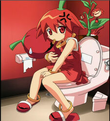  anime_screenshot boukun_habanero chili_pepper female habanero-tan habanero_pepper netrunmon red_eyes red_hair solo toilet 