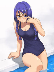  blue_hair braid breasts cleavage closed_mouth female glasses gunparade_march hair_over_shoulder long_hair looking_at_viewer medium_breasts one-piece_swimsuit pool poolside school_swimsuit shy solo standing swimsuit tanabe_maki twin_braids wading water white_background yizumi 