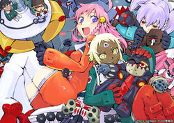  2003 2boys 3girls blush boots breasts casio_takashirou chibi dark-skinned_female dark_skin gloves jewelry konchiki lal&#039;c_mellk_mal long_hair long_sleeves mecha multiple_boys multiple_girls nichola_vacheron nono_(top_wo_nerae_2!) open_mouth pink_hair purple_hair robot short_hair small_breasts smile thighhighs top_wo_nerae_2! twintails tycho_science yellow_eyes 