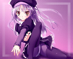  2000s_(style) bad_anatomy blush border brown_eyes caren_hortensia closed_mouth dotted_background dress fate/hollow_ataraxia fate_(series) female foot_out_of_frame frilled_dress frills grey_hair hat layered_sleeves long_hair long_sleeves looking_at_viewer onsokuzekuu open_hands panties pantyhose photoshop_(medium) purple_background purple_border purple_dress purple_hair purple_hat purple_panties purple_pantyhose purple_theme solo sparkle thighhighs thighhighs_over_pantyhose underwear yellow_eyes 