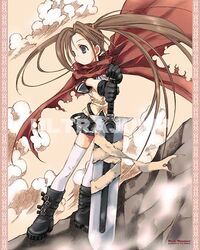  black_gloves cape cloud female gloves melty_bagle miniskirt nanase_aoi petit_monster rock skirt solo sword thighhighs twintails watermark weapon zettai_ryouiki 