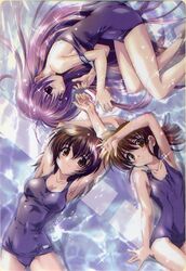  3girls ahoge arm_up armpits arms_up asaba_yuuko back bare_arms bare_legs bare_shoulders barefoot blush breasts brown_eyes brown_hair bubble card_(medium) clothes_pull collarbone embarrassed feet fetal_position fingernails flat_chest from_above frown hair_between_eyes iriya_kana iriya_no_sora_ufo_no_natsu komatsu_eiji legs long_fingernails long_hair looking_at_viewer lying medium_breasts medium_hair multiple_girls official_art on_back on_side one-piece_swimsuit one-piece_swimsuit_pull orange_eyes partially_submerged pink_eyes ponytail pool purple_hair scan school_swimsuit shadow shallow_water sideboob sidelocks sideways_glance sparkle strap_slip sudou_akiho swimsuit very_long_hair water wet 