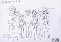  2boys 5girls aoba_kozue artist_request chanohata_tamami haibara_yukio kurosaki_asami kurosaki_sayoko mahoraba momono_megumi monochrome multiple_boys multiple_girls production_art purple_theme ryuusei_johnny shiratori_ryuushi sketch 