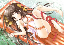  afloat barefoot brown_eyes brown_hair casual_one-piece_swimsuit choker feet female hair_ribbon inflatable_raft ito_noizi komorebi_ni_yureru_tamashii_no_koe leg_ribbon legs_up long_hair lying on_back one-piece_swimsuit photoshop_(medium) ribbon solo sparkle strap_slip sui_(komorebi) swimsuit very_long_hair water 