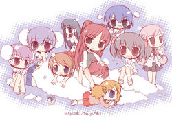  6+girls annoyed bird blue_eyes blue_hair blush bowl brown_eyes brown_hair chibi chibi_only double_bun dress eating everyone flipped_hair hair_bun hair_ornament hairclip himeyuri_ruri himeyuri_sango komaki_manaka kouno_takaaki kousaka_tamaki kouzuki_tomoru kusakabe_yuuki_(to_heart_2) long_hair looking_at_viewer looking_away lucy_maria_misora lying miniskirt multiple_girls orange_hair penguin pink_hair pointing puffy_sleeves purple_eyes purple_hair red_eyes red_hair ribbon sasamori_karin school_uniform serafuku short_dress short_hair siblings sisters sitting skirt smile spoon to_heart_(series) to_heart_2 tonami_yuma twins twintails very_long_hair walking yoshio_(leaf) yuzuhara_konomi 