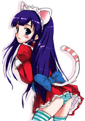  animal_ears aqua_stripes artist_request ass back_bow blue_bow blue_eyes blue_sash blush bow cat_ears cat_tail closed_mouth cowboy_shot dress drop_shadow female flat_ass hazuki_(tsukuyomi) juliet_sleeves legs_apart long_hair long_sleeves lowres maid_headdress panties petticoat puffy_sleeves purple_hair red_dress sash short_dress simple_background smile solo source_request standing striped_clothes striped_panties striped_thighhighs tail thighhighs tsukuyomi_moonphase underwear white_background 