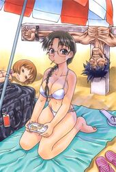  1boy 2girls bikini braid breasts crucifixion ebifly feet food glasses hoshina_tomoko large_breasts multiple_girls nagaoka_shiho ribs swimsuit takoyaki to_heart to_heart_(series) toes upside-down 