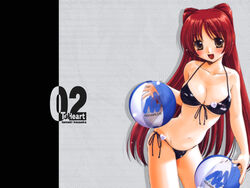  ball beachball bikini black_bikini blush breasts brown_eyes cleavage female holding holding_ball holding_beachball kousaka_tamaki large_breasts long_hair one-piece_tan photoshop_(medium) red_hair side-tie_bikini_bottom solo swimsuit takagi_nobuyuki tan tanlines to_heart_(series) to_heart_2 