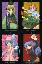  4girls absurdres aizawa_risona akasaka_saki aoba_kozue artist_request caterpillar_tracks fujoshi glasses highres long_sleeves mahoraba midorikawa_chiyuri military military_vehicle momono_megumi motor_vehicle multiple_girls nurse strength_(tarot) tank tarot tarot_(medium) the_chariot_(tarot) the_hierophant_(tarot) the_lovers_(tarot) 