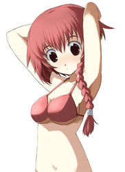  arms_up bikini braid breasts brown_eyes cleavage copyright_request female halterneck long_hair looking_at_viewer medium_breasts navel red_bikini red_hair shijou_sadafumi simple_background solo stomach swimsuit underboob upper_body white_background 