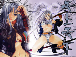  antenna_hair aqua_hair belt bikini bikini_under_clothes blue_eyes boots breasts brown_eyes cherry_blossoms cleavage female fingerless_gloves fingernails gloves huge_antenna_hair jacket large_breasts lipstick long_fingernails long_hair makeup midriff multiple_views nail_polish natsume_maya no_bra off_shoulder oogure_ito photoshop_(medium) pink_nails short_shorts shorts smile squatting swimsuit sword tenjou_tenge third-party_edit underboob very_long_hair weapon zipper 