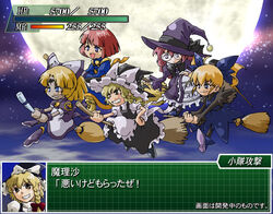  5girls blonde_hair bow braid broom broom_riding cotton_(character) cotton_(game) dark_ran frills fumiko_odette_vanstein gunbird hat kirisame_marisa marion multiple_girls pantyhose parody red_hair satomura_kyou shikigami_no_shiro srw_battle_screen super_robot_wars touhou twinkle_star_sprites witch witch_hat 