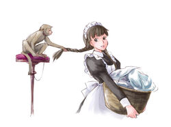  basket braid brown_eyes brown_hair copyright_request female grabbing_another&#039;s_hair long_hair long_sleeves maid maid_headdress monkey mori_kaoru solo twin_braids 