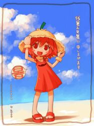  2004 beach blue_sky blush_stickers boukun_habanero bracelet chili_pepper cloud day dress female flat_chest flip-flops habanero-tan habanero_pepper hair_between_eyes hands_up hat jewelry legs_apart looking_at_viewer no_pupils ocean outdoors red_dress red_footwear red_hair sandals shadow shigatake short_hair sky solo speech_bubble standing straw_hat summer sweat yellow_hat zanshomimai 