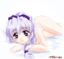  bed braid female full_metal_panic lying on_side panties purple_eyes purple_hair solo teletha_testarossa tokino topless underwear underwear_only white_panties 