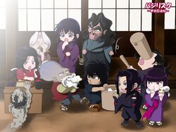  4girls 6+boys akeginu amayo_jingoro artist_request azuki_rousai basilisk_(manga) chibi chibi_only chikuma_koshirou everyone hotarubi iga_oboro iga_ogen japanese_clothes kimono long_sleeves mino_nenki multiple_boys multiple_girls yakushiji_tenzen yashamaru 