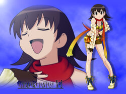  azumanga_daiou bad_id bad_nicoseiga_id bikini bikini_top_only black_eyes black_hair bow closed_eyes cosplay detached_sleeves female final_fantasy final_fantasy_x final_fantasy_x-2 fingerless_gloves flipped_hair gloves knife niinii open_mouth parody portmanteau rikku_(ff10) rikku_(ff10)_(cosplay) scarf short_shorts shorts solo swimsuit takino_tomo thief_(final_fantasy) trait_connection zoom_layer 