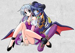  2girls astaroth_(shinrabanshou) black_sclera blue_skin boots breasts claudia_(shinrabanshou) colored_sclera colored_skin demon_girl earrings heart heart_earrings horns jewelry kitamiya_genbu medium_breasts multiple_girls pointy_ears purple_footwear red_wings shinrabanshou tail thighhighs wings 