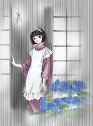  apron black_hair blue_flower bob_cut female flower hydrangea long_sleeves maid maid_headdress mori_kaoru rain shirley_(manga) shirley_medison short_hair solo teruterubouzu 