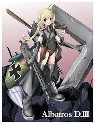  :d aircraft airplane barrel_shroud biplane black_panties blonde_hair boots border buttons camouflage camouflage_paint collared_jacket crack cross d.iii_(personification) double-breasted elbow_gloves engraved female full_body german_text gloves gradient_background grey_eyes grey_footwear grey_gloves grey_jacket grey_thighhighs gun gun_sling iron_cross jacket legs_apart long_hair looking_at_viewer machine_gun maltese_cross mecha_musume military_jacket nano_(nanosize) on_rock open_mouth original panties personification pink_background red_trim rock rubble ruins shoulder_boards smile solo standing thigh_boots thighhighs underwear vehicle_name weapon white_background white_border world_war_i 