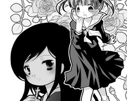  2girls blush cross fukuzawa_yumi greyscale hand_to_own_mouth holding latin_cross looking_at_viewer maria-sama_ga_miteru monochrome multiple_girls ogasawara_sachiko school_uniform serafuku short_hair smile suzuki_kokono twintails 