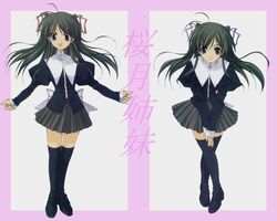  2girls ahoge artist_request black_hair black_thighhighs blue_eyes futakoi hair_ribbon leaning_forward long_hair multiple_girls pleated_skirt ribbon sakurazuki_kira sakurazuki_yura school_uniform siblings sisters skirt thighhighs twins zettai_ryouiki 