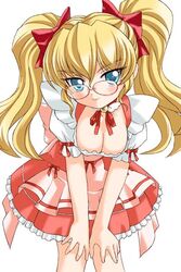  2000s_(style) apron aqua_eyes blonde_hair blush bow breasts cleavage closed_mouth daikuuji_ayu detached_collar downblouse dress female frilled_dress frills hairbow head_tilt kimi_ga_nozomu_eien large_breasts long_hair pink_apron red_bow red_dress red_ribbon ribbon rimless_eyewear round_eyewear short_sleeves sima smile solo twintails waitress white_background 