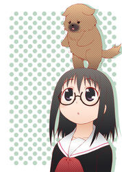  animal animal_on_head artist_request ascot black-framed_eyewear black_eyes black_hair black_shirt canine collarbone drop_shadow female glasses grey_background kurihara_touko looking_at_animal looking_up medium_hair on_head parted_lips photoshop_(medium) polka_dot polka_dot_background red_ascot red_stripes round_eyewear sailor_collar school_uniform semi-rimless_eyewear serafuku shirt short_hair single_stripe solo striped tenshi_no_inai_12-gatsu under-rim_eyewear upper_body white_background white_sailor_collar 