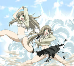  2girls :o ahoge arms_up bra cloud day flat_chest futakoi green_eyes grey_hair jumping legs lingerie long_hair midorigi_mura midriff multiple_girls navel open_mouth outdoors panties school_uniform serafuku shirogane_sara shirogane_souju siblings sisters skirt sky smoke spread_legs surprised torn_clothes twins underwear white_bra white_panties 