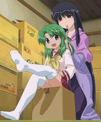  2girls box cardboard_box fujii_masahiro indoors kurosaki_asami kurosaki_sayoko long_sleeves mahoraba multiple_girls on_box sitting sitting_on_box thighhighs 